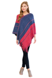 Hdf3007rdbl - Red Blue Two Tone Chain Print Fringe Poncho