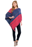 Hdf3007rdbl - Red Blue Two Tone Chain Print Fringe Poncho