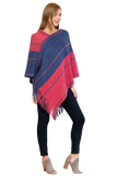 Hdf3007rdbl - Red Blue Two Tone Chain Print Fringe Poncho
