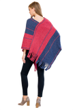 Hdf3007rdbl - Red Blue Two Tone Chain Print Fringe Poncho