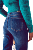 Cotton Blend High Waist Straight Leg Jeans in Deep Blue
