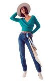 Cotton Blend High Waist Straight Leg Jeans in Deep Blue