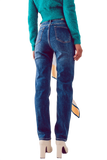 Cotton Blend High Waist Straight Leg Jeans in Deep Blue