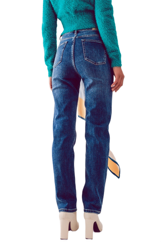Cotton Blend High Waist Straight Leg Jeans in Deep Blue