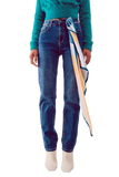 Cotton Blend High Waist Straight Leg Jeans in Deep Blue