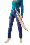 Cotton Blend High Waist Straight Leg Jeans in Deep Blue