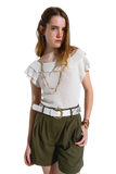 Cream Croched Short Sleeve Sweater With Boat Neck