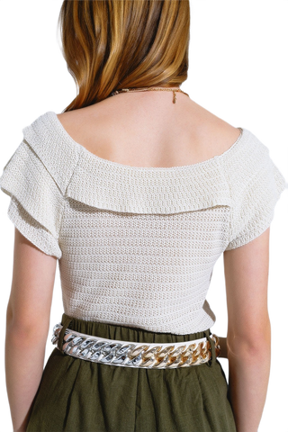 Cream Croched Short Sleeve Sweater With Boat Neck