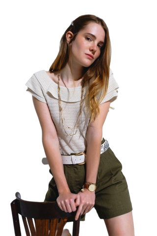 Cream Croched Short Sleeve Sweater With Boat Neck