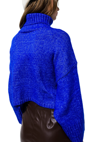 Cropped Chunky Knit Sweater With Turtle Neck in Blue