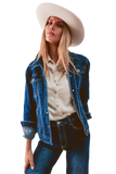Embroided Back Denim Jacket in Dark Blue