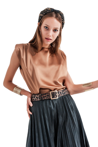 Gathered Satin Shoulder Pad Sleeveless Top in Gold