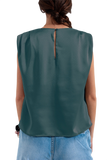 Gathered Satin Shoulder Pad Sleeveless Top in Green