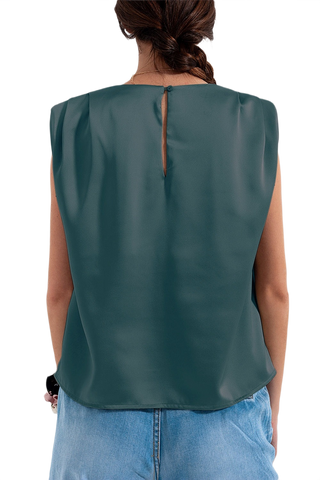 Gathered Satin Shoulder Pad Sleeveless Top in Green