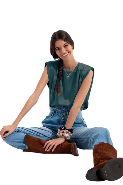Gathered Satin Shoulder Pad Sleeveless Top in Green