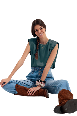 Gathered Satin Shoulder Pad Sleeveless Top in Green