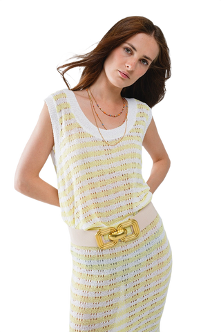 Open Knit Cropped Striped Sleeveless Sweater in Yellow and White