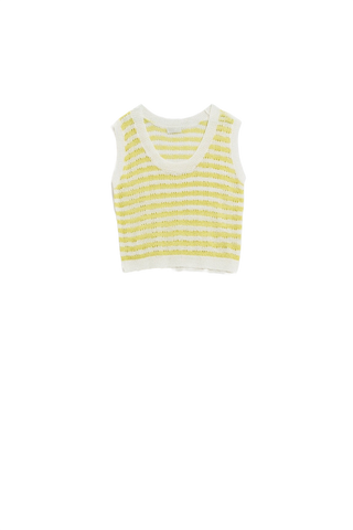 Open Knit Cropped Striped Sleeveless Sweater in Yellow and White