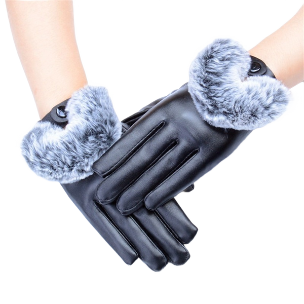 New Fashion Leather Gloves Winter High Quality Imitation Rabbit Hair PU Leather Waterproof Gloves Warm Womens and Girl Gloves