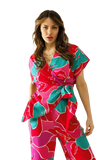 Satin Short Sleeves Top With Floral Design and a Knot Detail