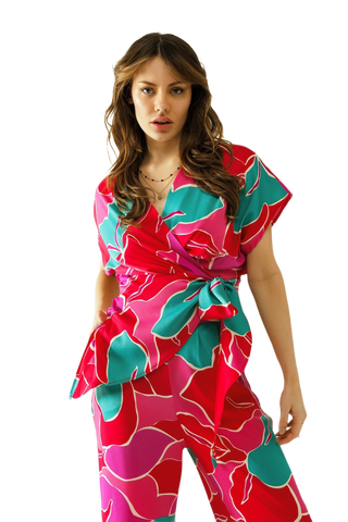 Satin Short Sleeves Top With Floral Design and a Knot Detail