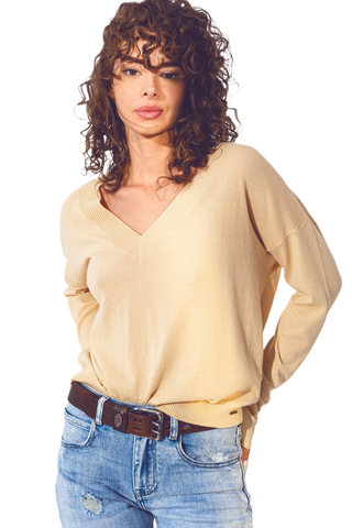 V Neck Fine Knit Sweater in Beige