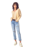 V Neck Fine Knit Sweater in Beige