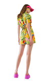 Yellow Short Jumpsuit With Tropical Print and Drawstring Closure