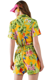 Yellow Short Jumpsuit With Tropical Print and Drawstring Closure