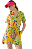 Yellow Short Jumpsuit With Tropical Print and Drawstring Closure