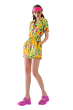 Yellow Short Jumpsuit With Tropical Print and Drawstring Closure