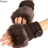 Women Winter Knitted Fingerless Wrist Hand Warmer Faux Fur Gloves Mittens 4 Color - Offy'z6