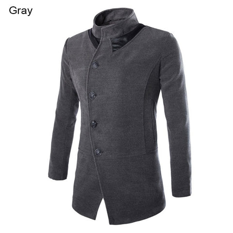 New Fashion Brand 2015 Winter Men Wool Jacket Coat Stand Collar Single Breasted Solid Casual Long Men Overcoat  M-XXL