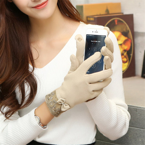 Winter Warm Solid Color Fashion Lace  Touch Screen Gloves for Christmas Gift New Arrival Bow-knot  Design Women Gloves