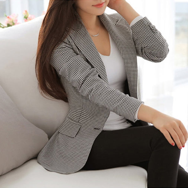 OHRYIYIE Women Blazers And Jackets 2017 Spring Autumn Slim OL Work Wear Blazer Simple Vintage Plaid Notched Casual Vestidos Coat