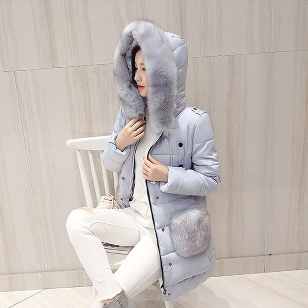 Women Faux Fox Fur Collar Coat 2017 Medium Length Woman