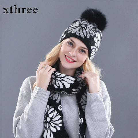 Women's Wool Knitted Beanie  + Scarf