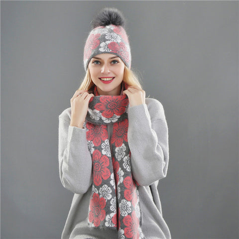 Women's Wool Knitted Beanie  + Scarf