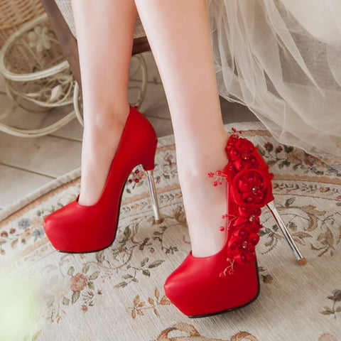 Round toe beauty - flower Styled heel shoes
