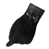 Winter Fashion Women Gloves PU Leather Bow Lace Patchwork Warm Screen Gloves Woman Sheep Wool Wrist Gloves Mitten F2 - Offy'z6