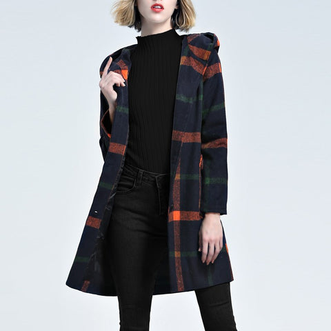Plaid Hooded Trench Coat Jacket Vinatge