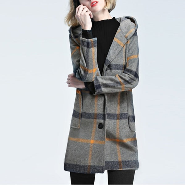 Plaid Hooded Trench Coat Jacket Vinatge