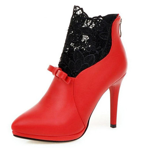 Lace Patchwork Bowknot Zipper Heel