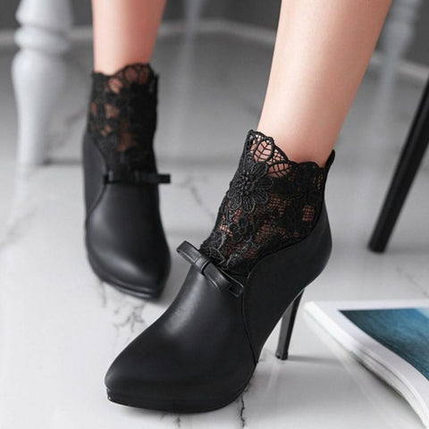 Lace Patchwork Bowknot Zipper Heel