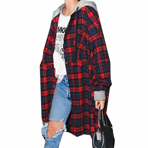 Women Fashion Casual Loose Hooded Plaid Check Long Sleeve Pockets Button Long Blouse Top Hoodei Outwear Coat Jacket