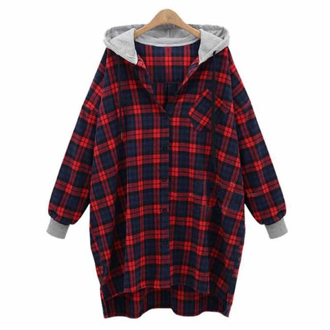 Women Fashion Casual Loose Hooded Plaid Check Long Sleeve Pockets Button Long Blouse Top Hoodei Outwear Coat Jacket