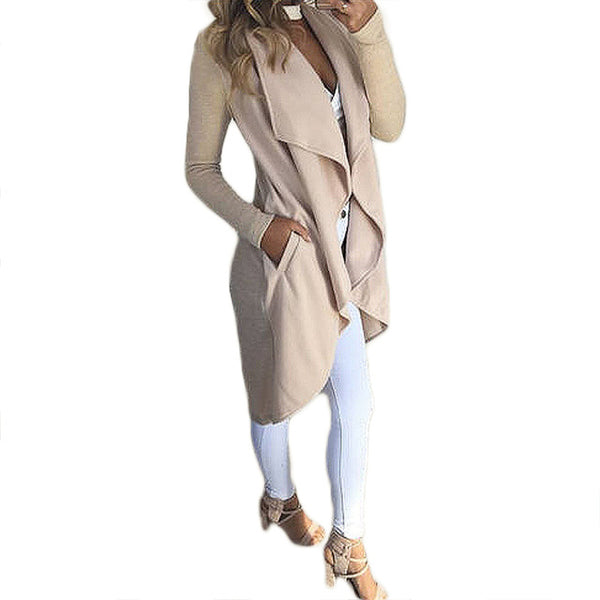 Women Autumn Long Coat Jacket Fashion Slim Solid Asymmetric Casual OL Waterfall Lapel Neck Long Sleeve Open Front Cardigan 2017