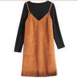 Khaki Suede Spaghetti Strap Tassel Dress - Offy'z6