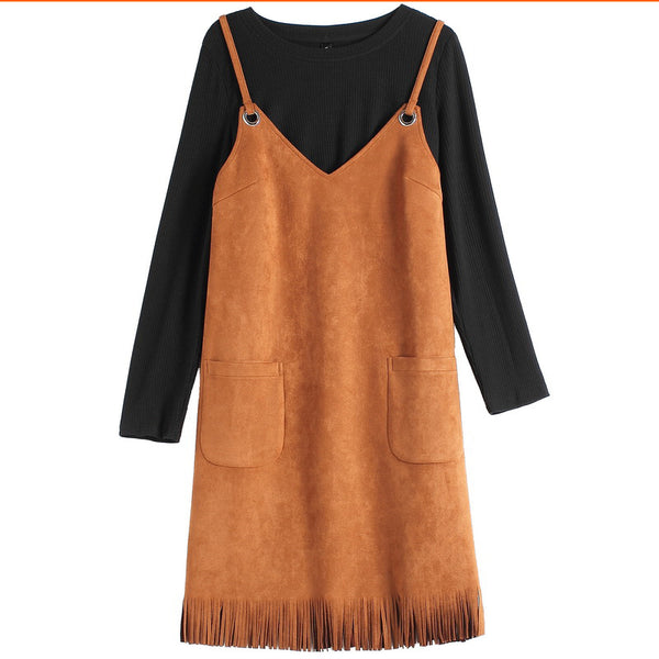 Khaki Suede Spaghetti Strap Tassel Dress