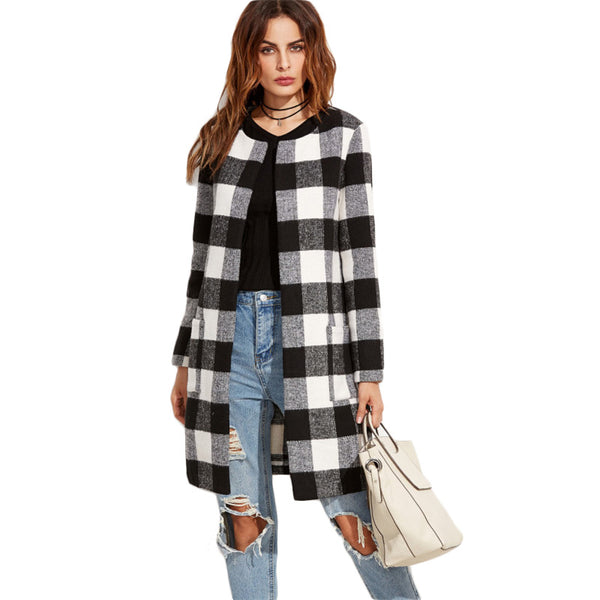 Plaid Open Front Collarless Coat